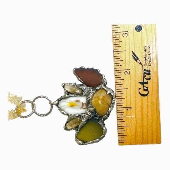 Citrine and Sea Glass Artisan Pendant, Soldered & Vintage Citrine Chip Necklace - Picture 10 of 11